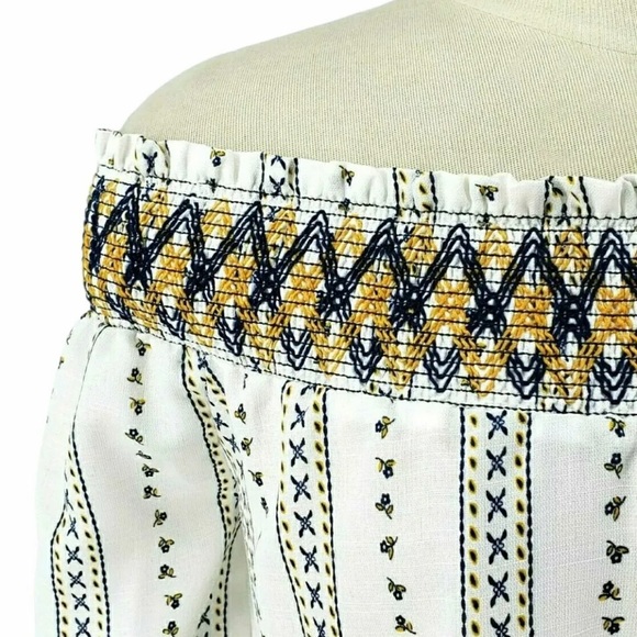 J By J.O.A Smocked Off Shoulder Floral Striped White Top. White, blue, & yellow - Picture 3 of 10